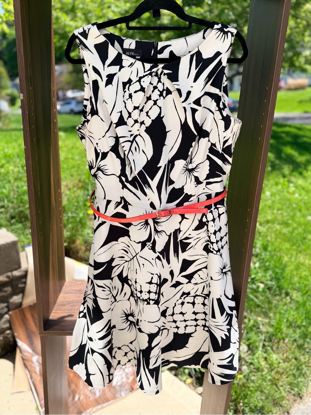 Alyx Black and White Floral Mini Dress with Coral Belt